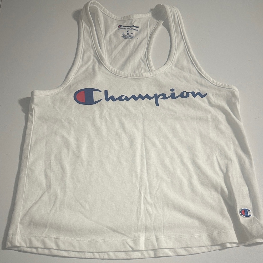Champion Women's White Tank Top with Blue Logo side XS